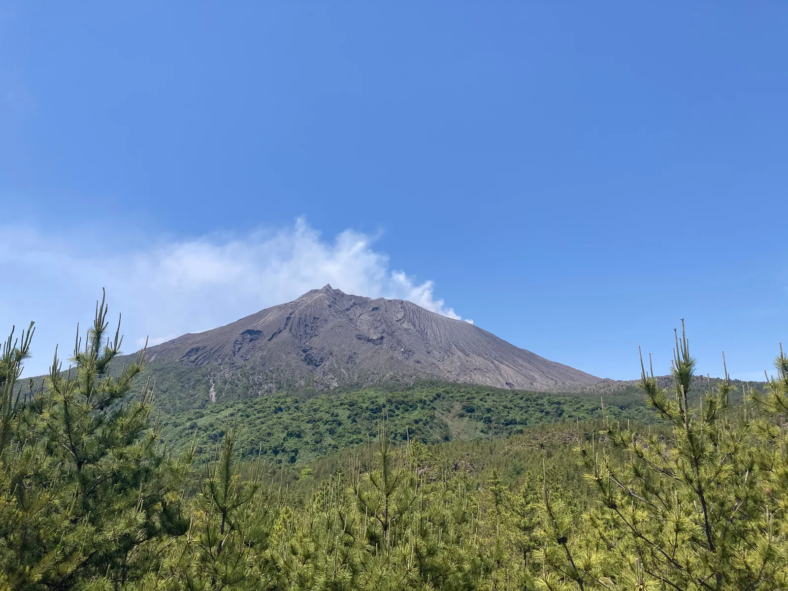 Sakurajima active volcano venting steam under a clear blue sky